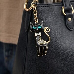 Mint Cat Purse Charm Keychain Gold Tone Metal Rhinestones Gem Eyes Bag Charm